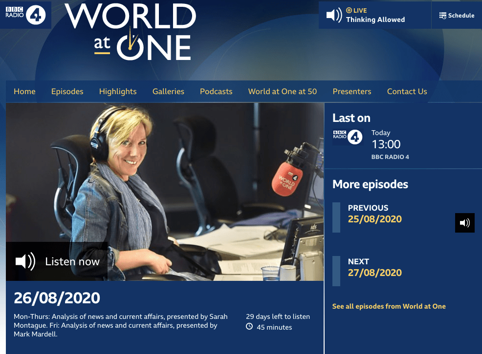 Screenshot of 'World at One' on BBC Radio 4