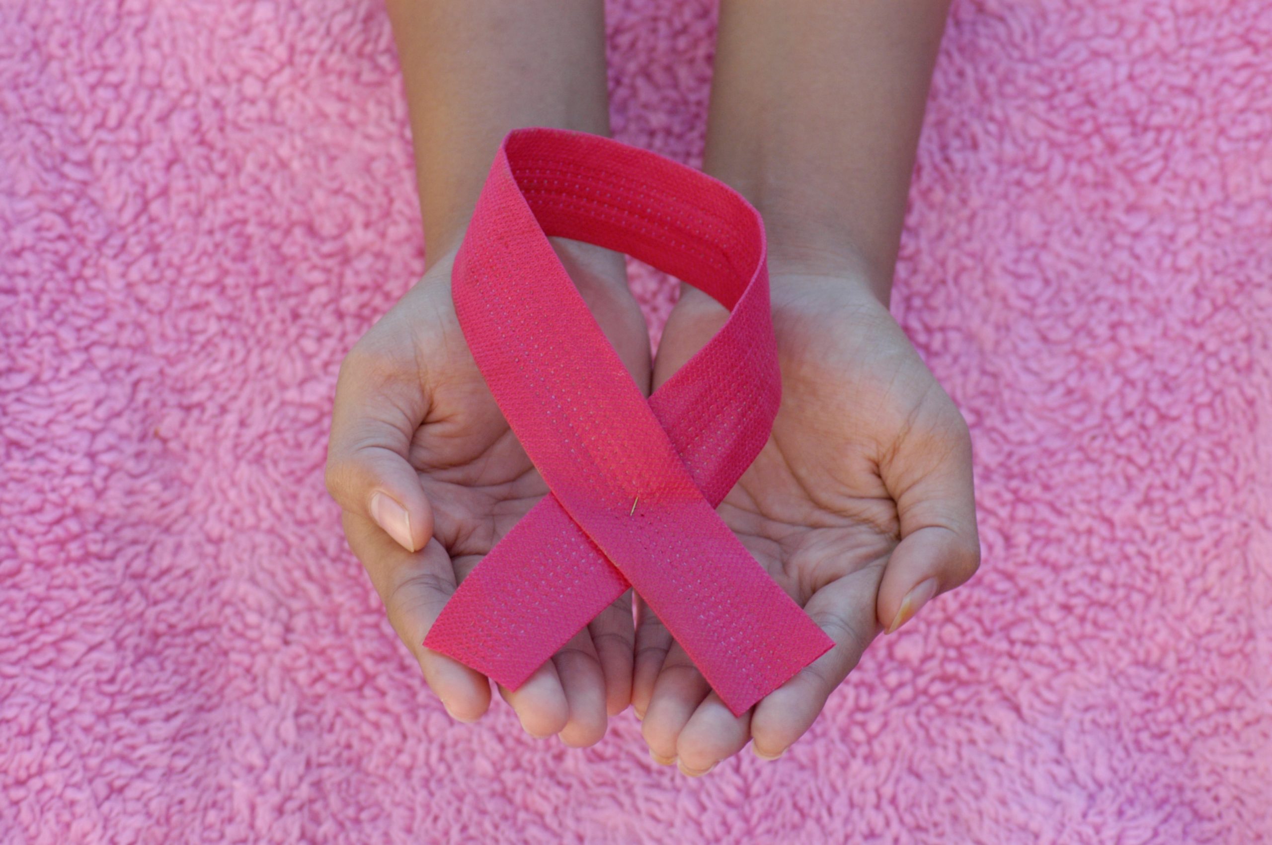 Hands holding a pink ribbon